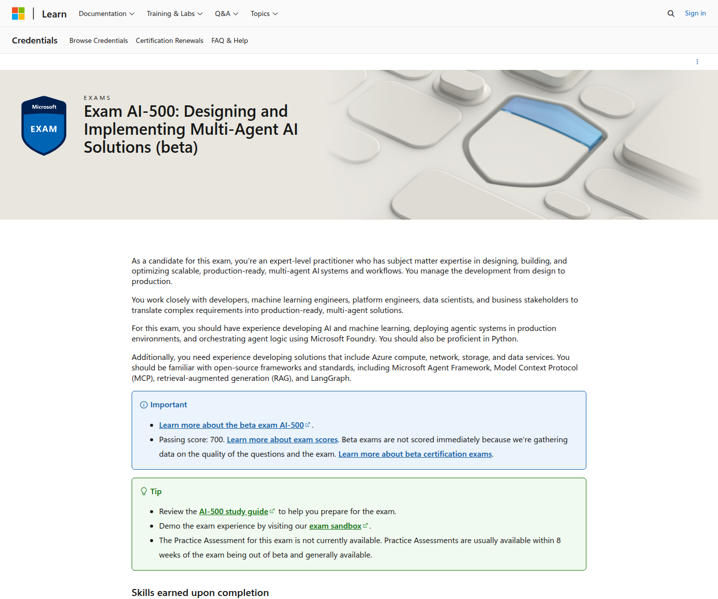 Microsoft AI-500 Designing and Implementing Multi-Agent AI Solutions beta exam page