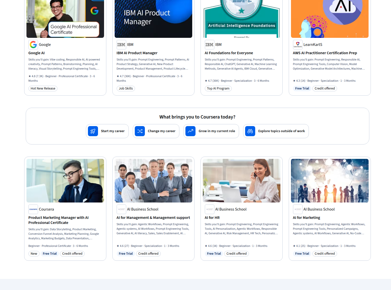 Coursera AI and business course grid including Google AI, Microsoft, and AWS-related programs