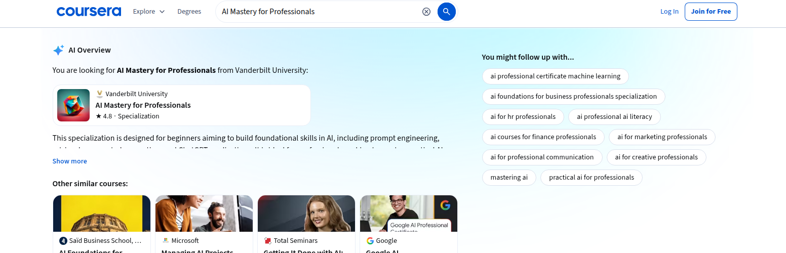 Coursera AI Mastery for Professionals AI Overview and Vanderbilt University feature card