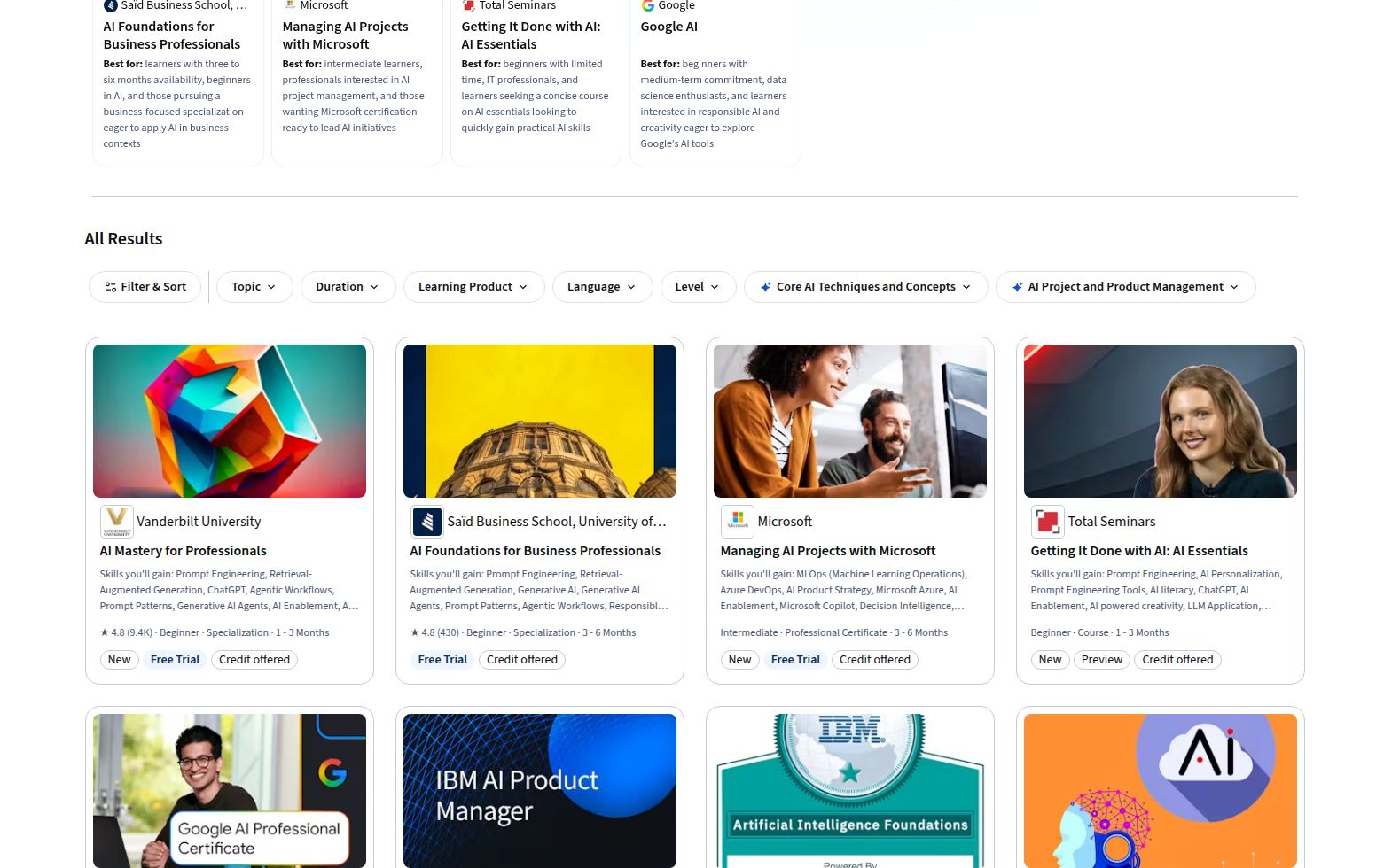 Coursera AI Mastery for Professionals filters and AI course comparison cards