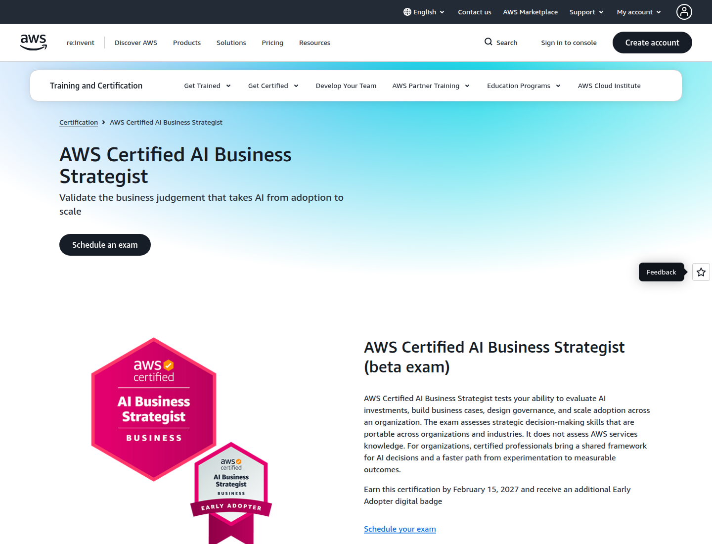 AWS Certified AI Business Strategist beta exam page and Early Adopter badge information