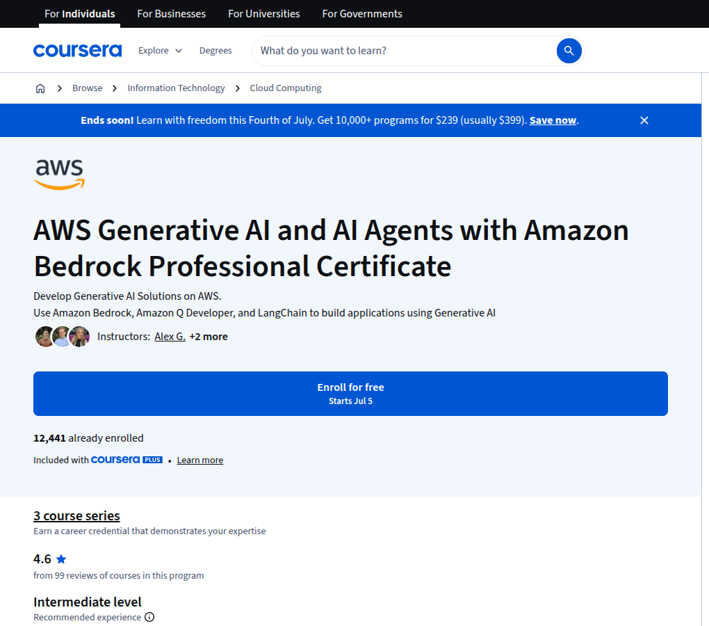 AWS Generative AI and AI Agents with Amazon Bedrock Coursera hero section