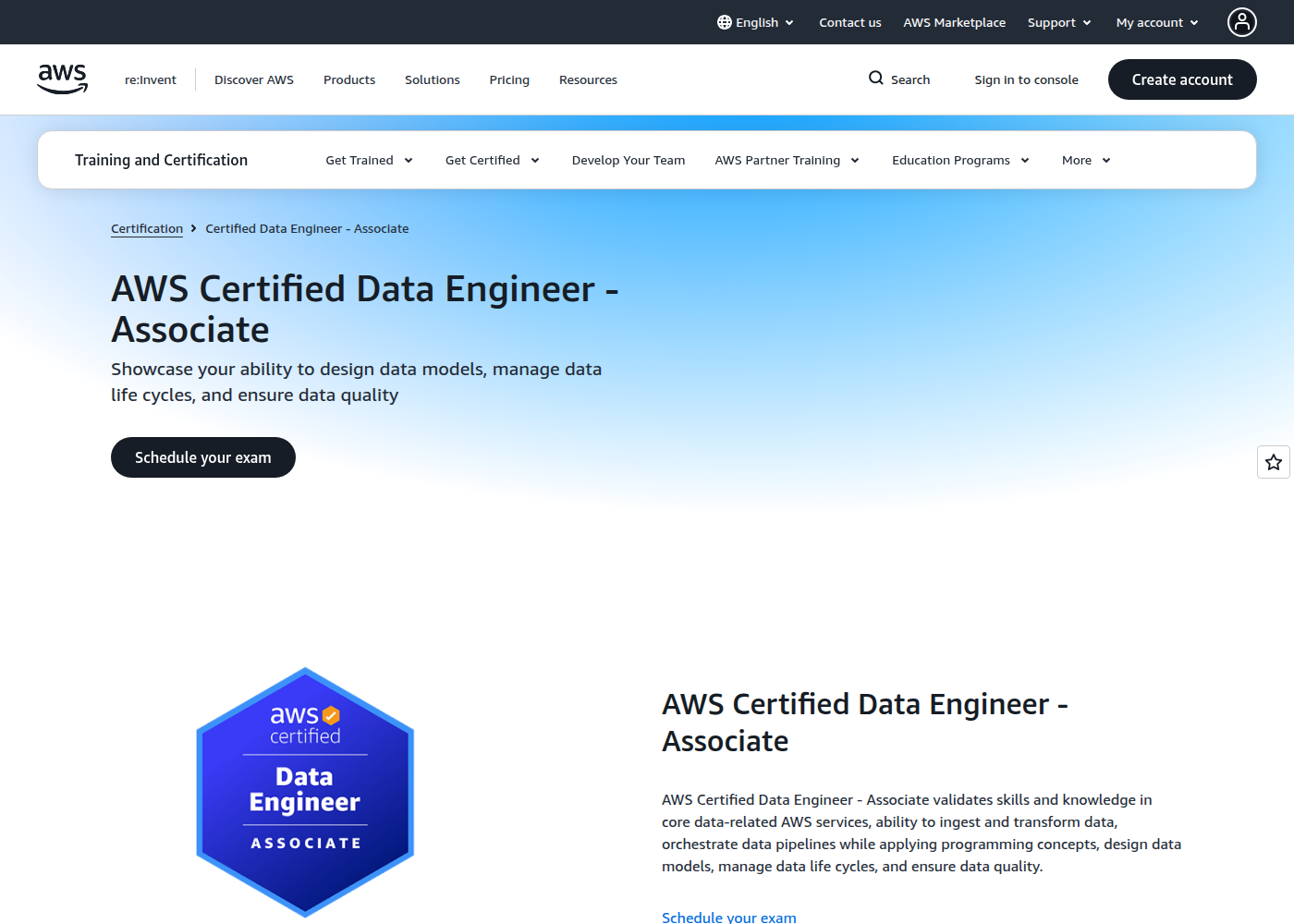AWS Certified Data Engineer - Associate certification page hero