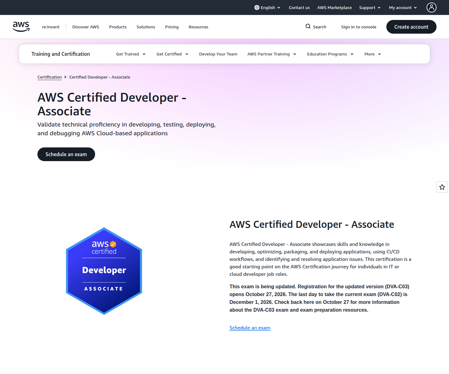 AWS official certification page captured from the provider site