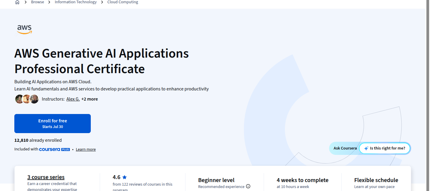 AWS Generative AI Applications Professional Certificate hero section
