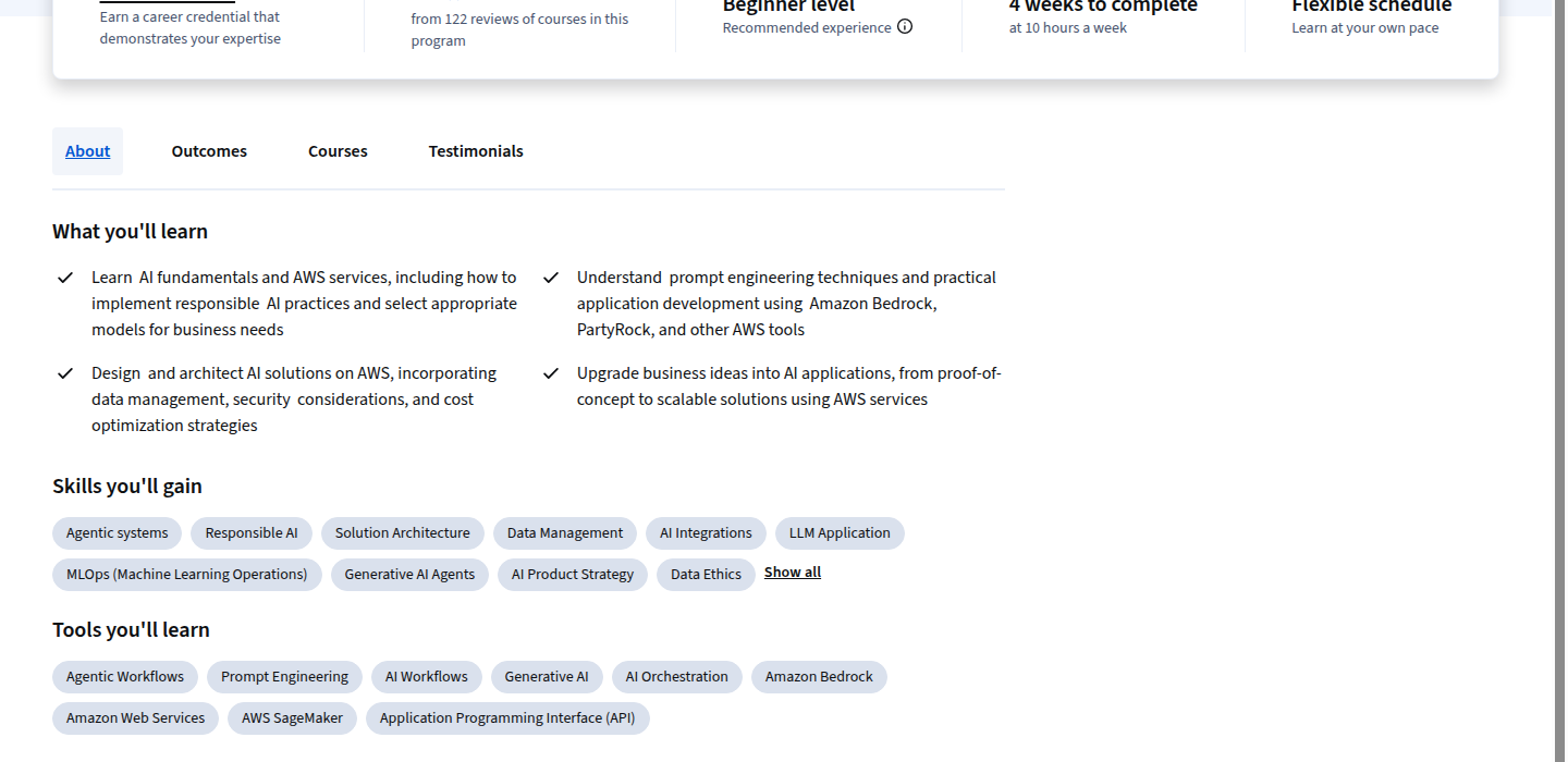 AWS Generative AI Applications Professional Certificate learning outcomes and skills