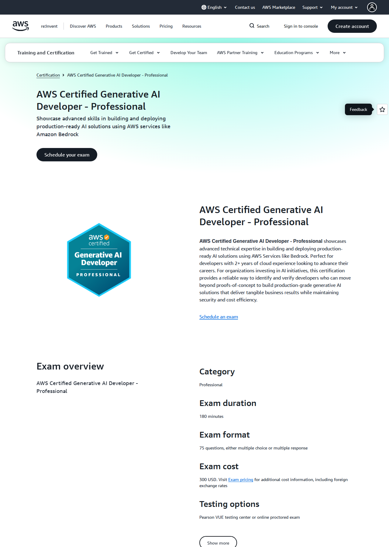AWS Certified Generative AI Developer - Professional certification page and exam overview