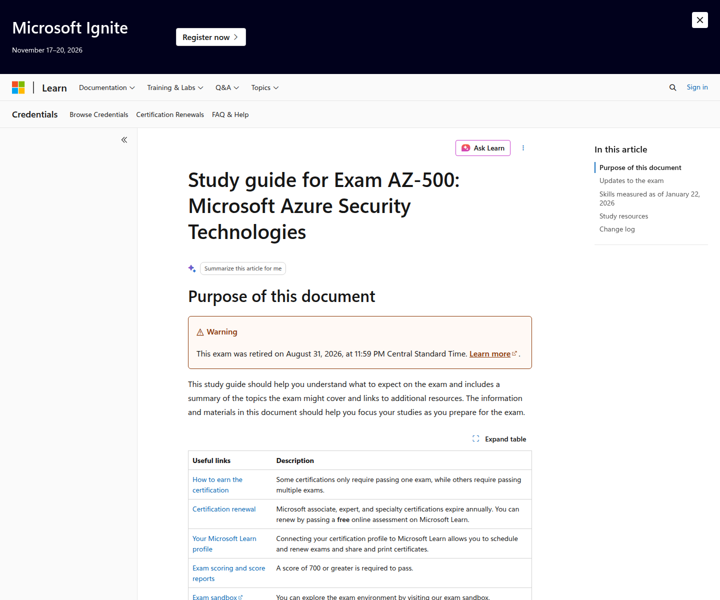 Official Microsoft Learn AZ-500 study guide showing the retirement notice