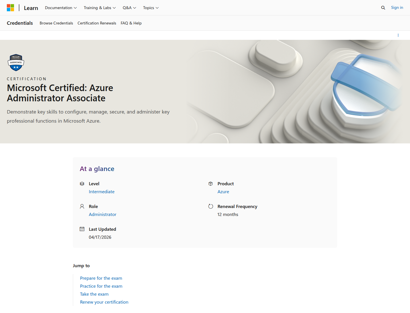 Official Microsoft Learn Azure Administrator Associate certification page