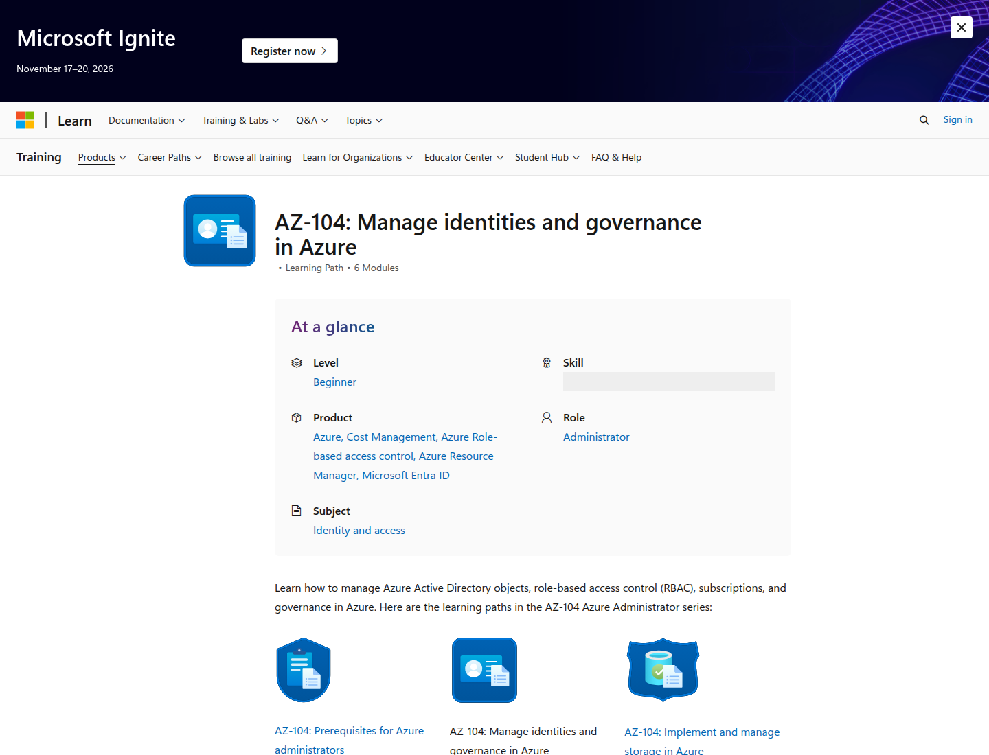 Official Microsoft Learn AZ-104 identities and governance learning path