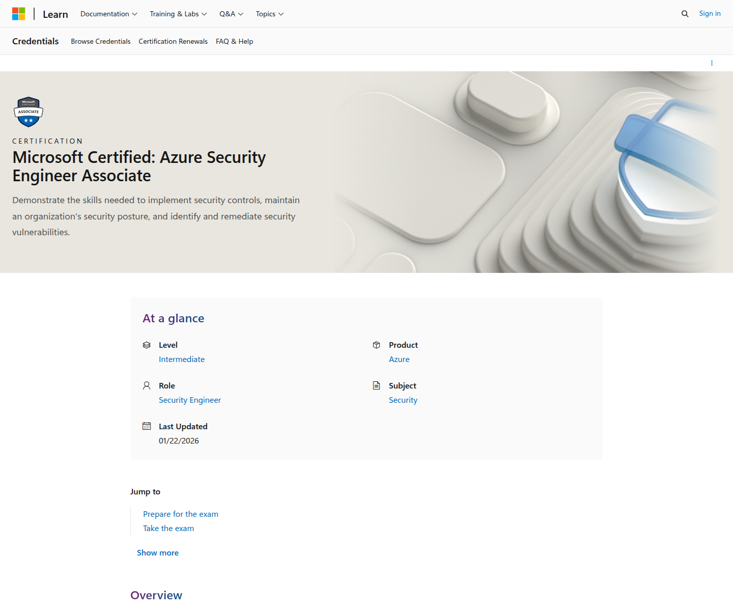 Official Microsoft Learn Azure Security Engineer Associate certification page