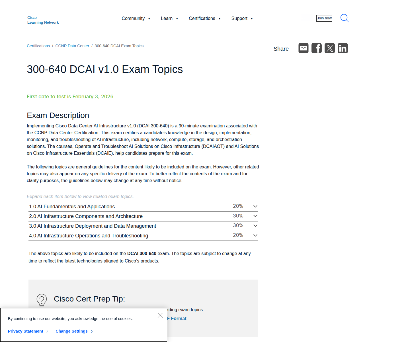 Official Cisco 300-640 DCAI exam topics page
