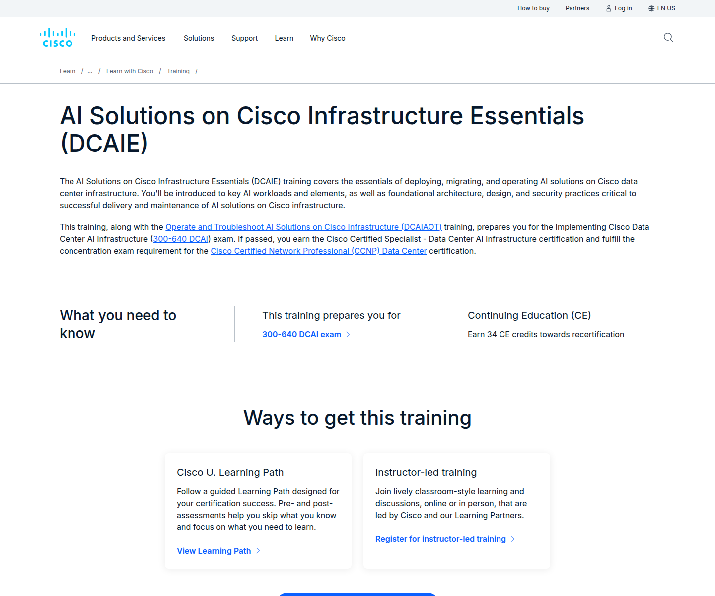 Official Cisco AI Solutions on Cisco Infrastructure Essentials training page