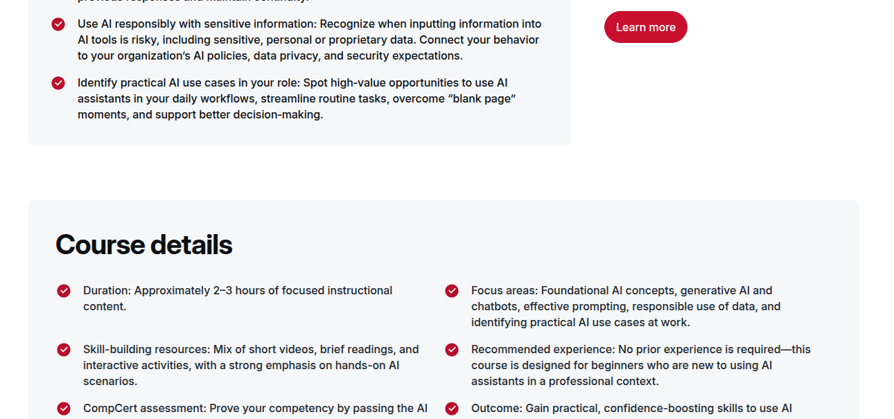 CompTIA AI Essentials course details section showing duration, resources, and assessment