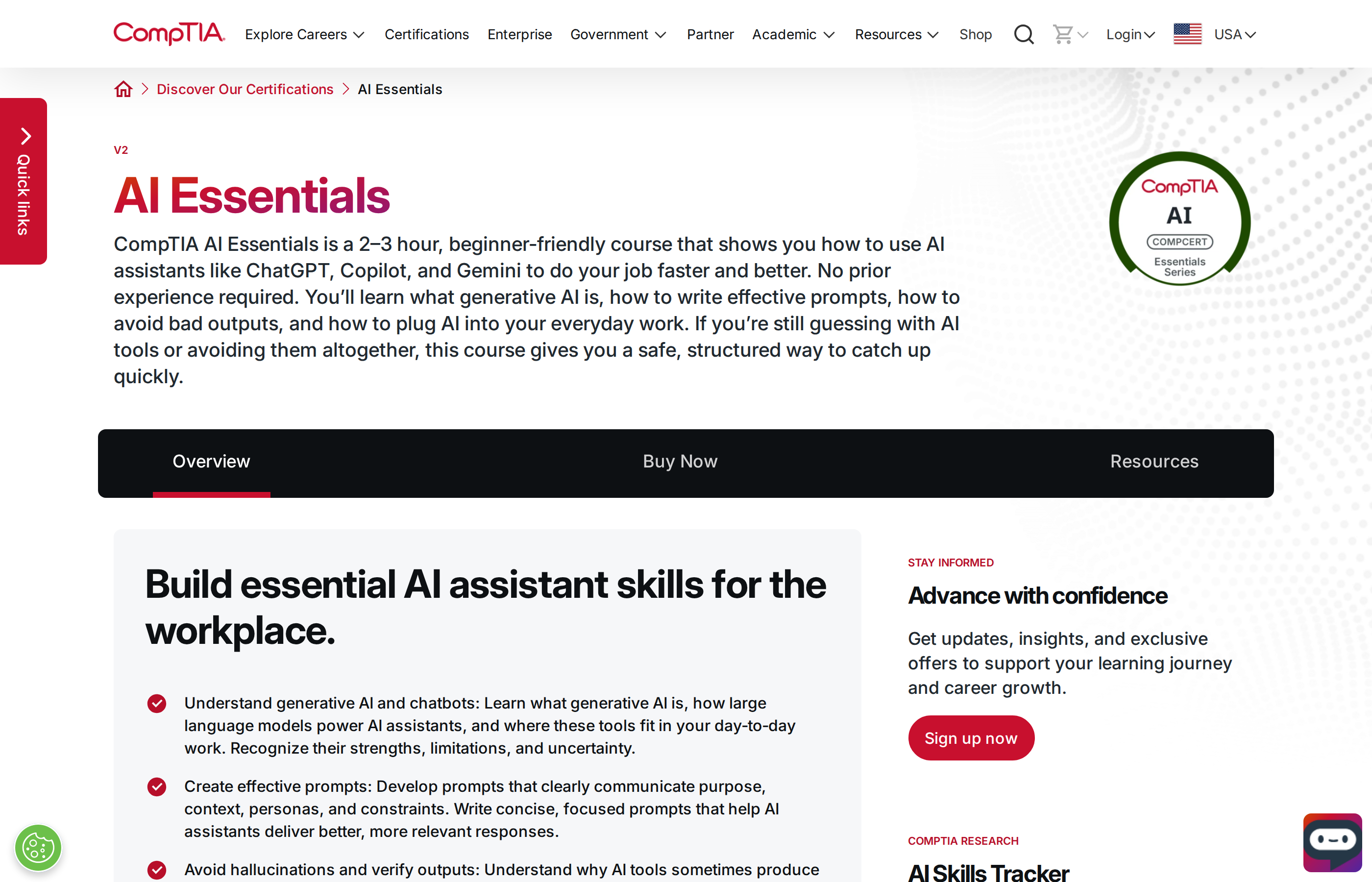 CompTIA AI Essentials official certification page hero with title and CompCert badge