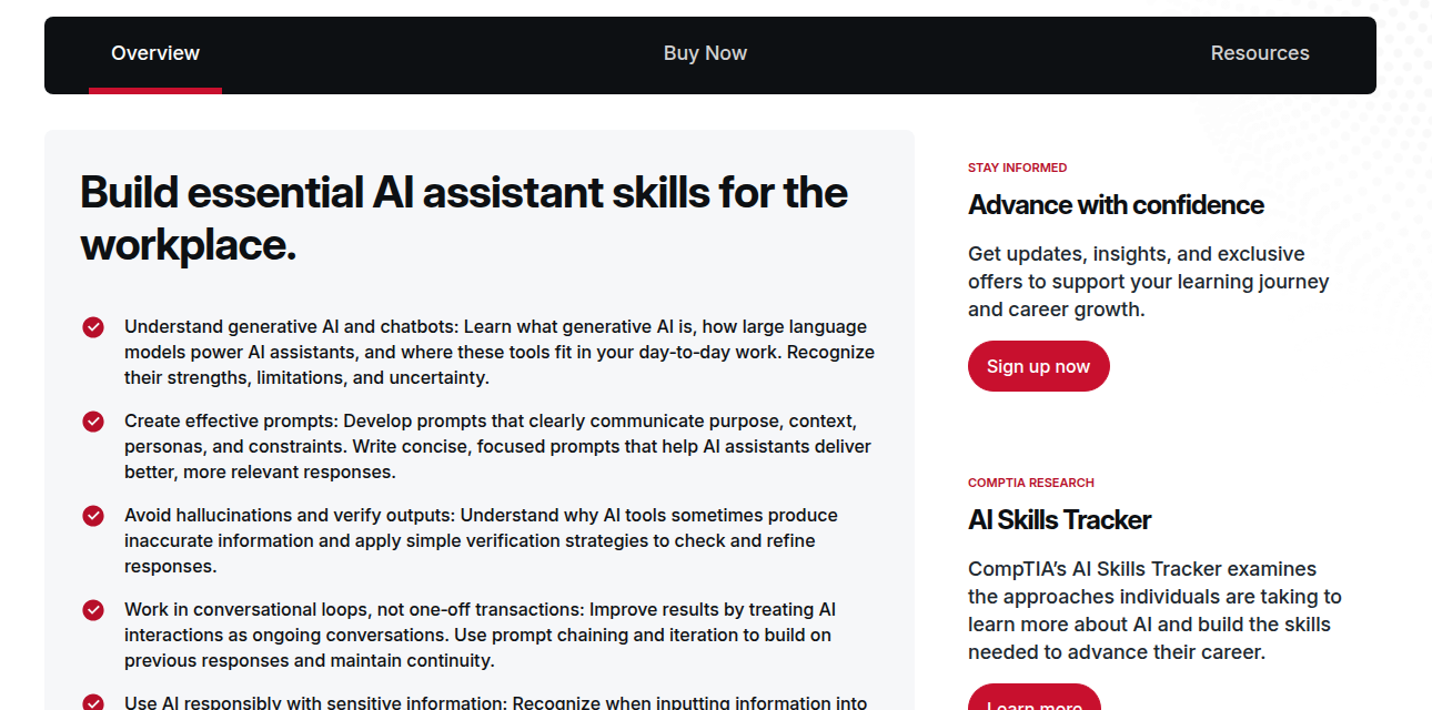 CompTIA AI Essentials overview section with learning outcomes and AI Skills Tracker