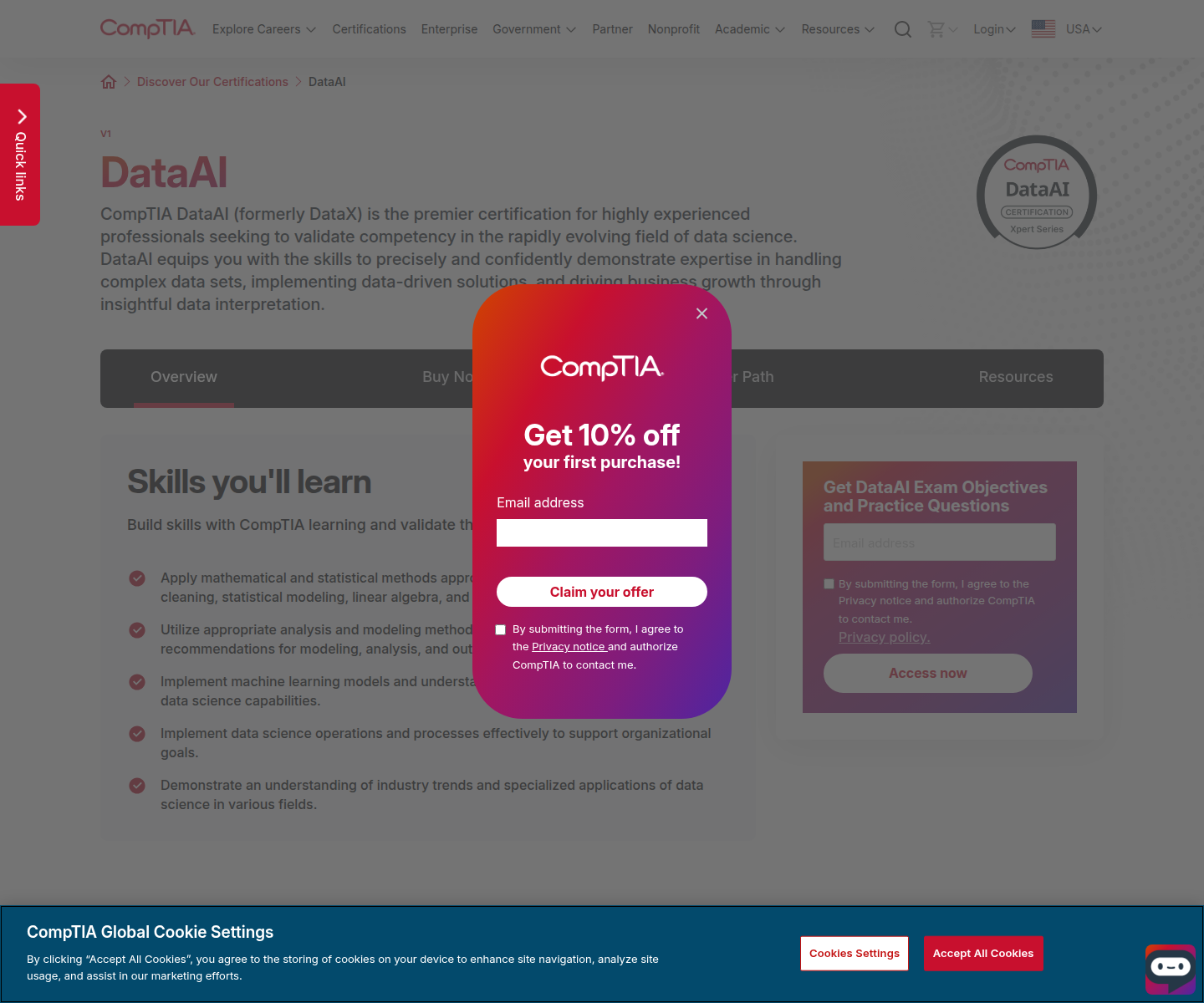 Official CompTIA DataAI certification page showing skills and exam objectives
