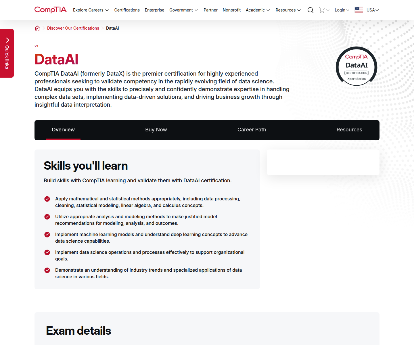 Official CompTIA DataAI certification overview page