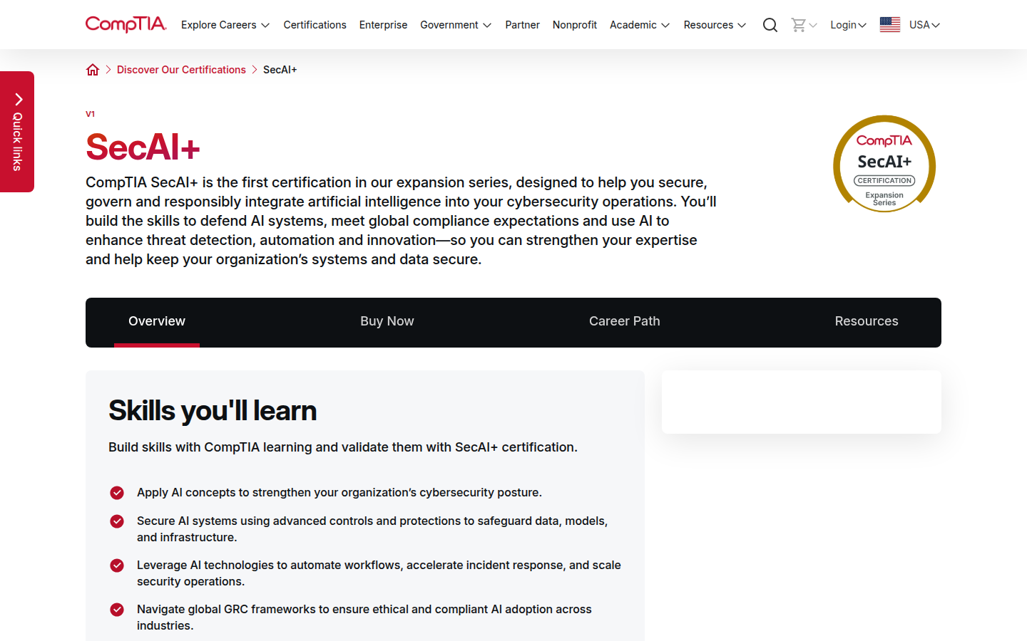 CompTIA SecAI+ certification page hero