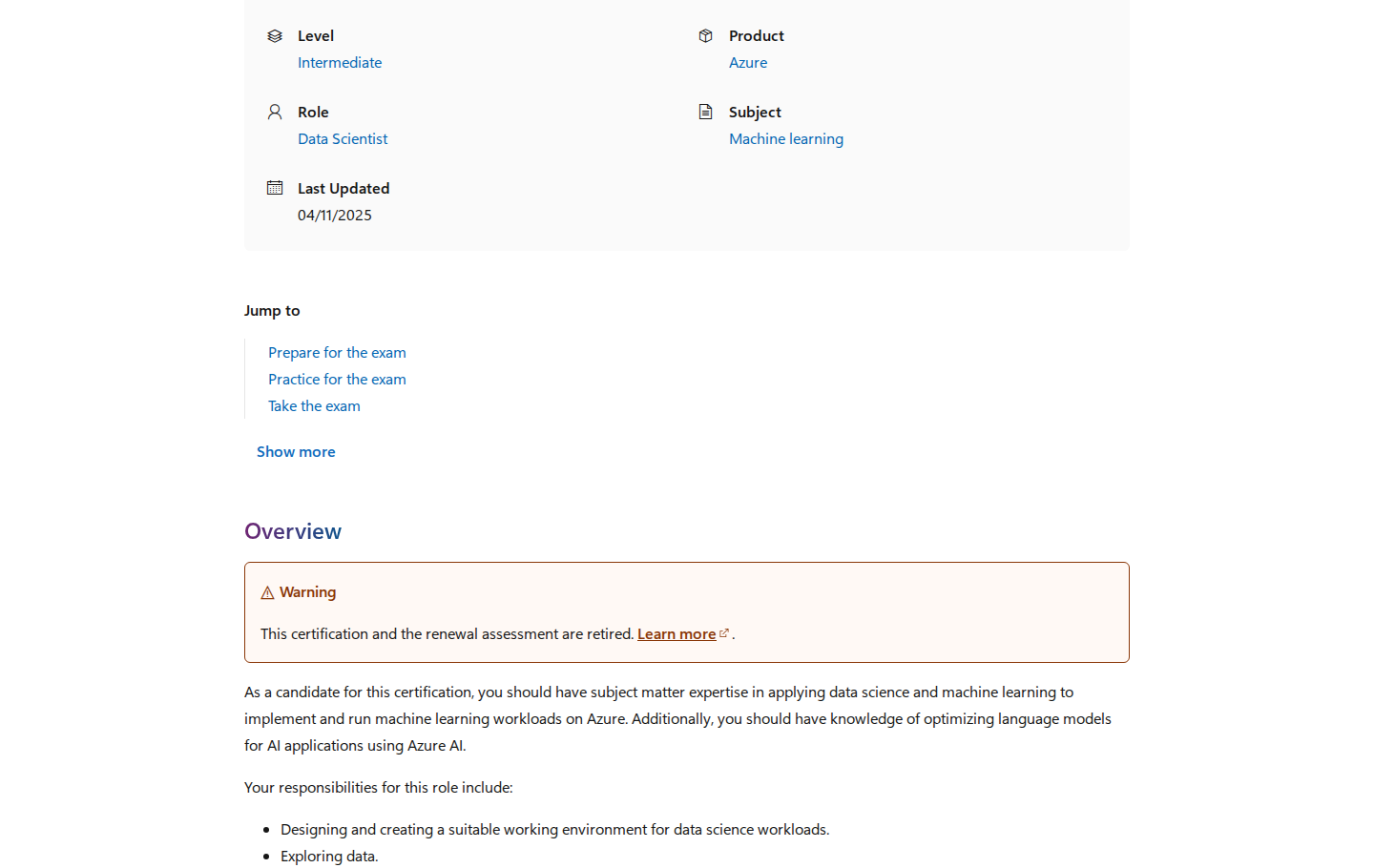 Microsoft Azure Data Scientist Associate retirement warning and overview