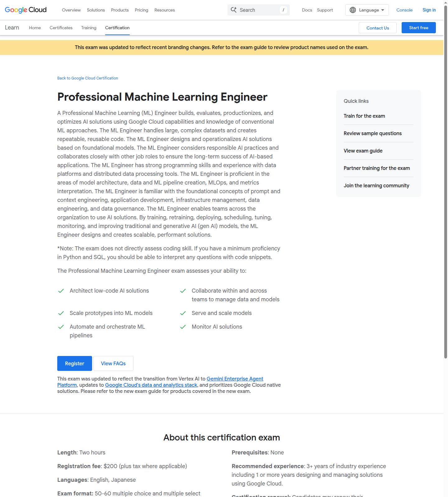 Google Cloud Professional Machine Learning Engineer certification page with exam overview