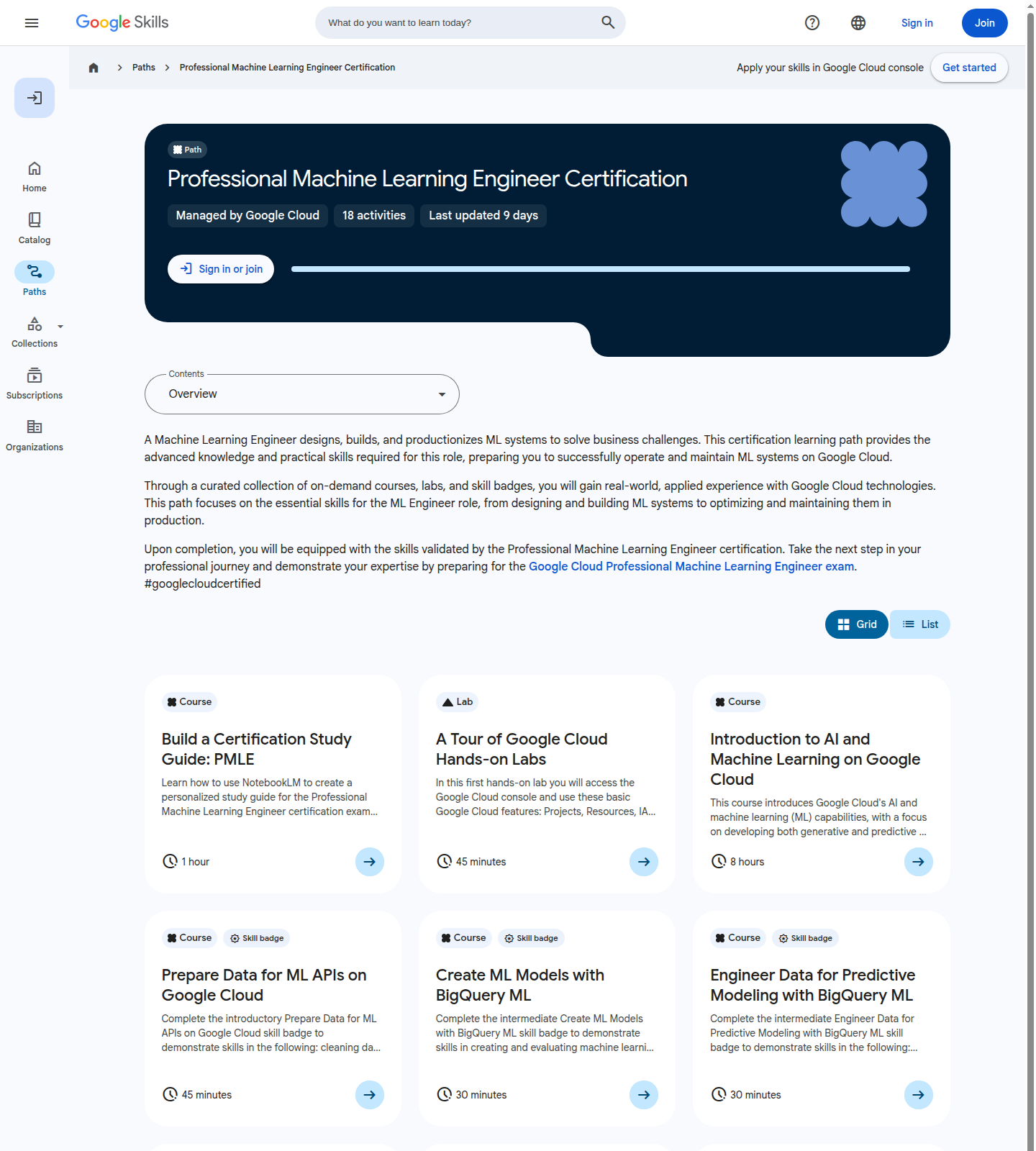 Google Skills Professional Machine Learning Engineer learning path title and first modules