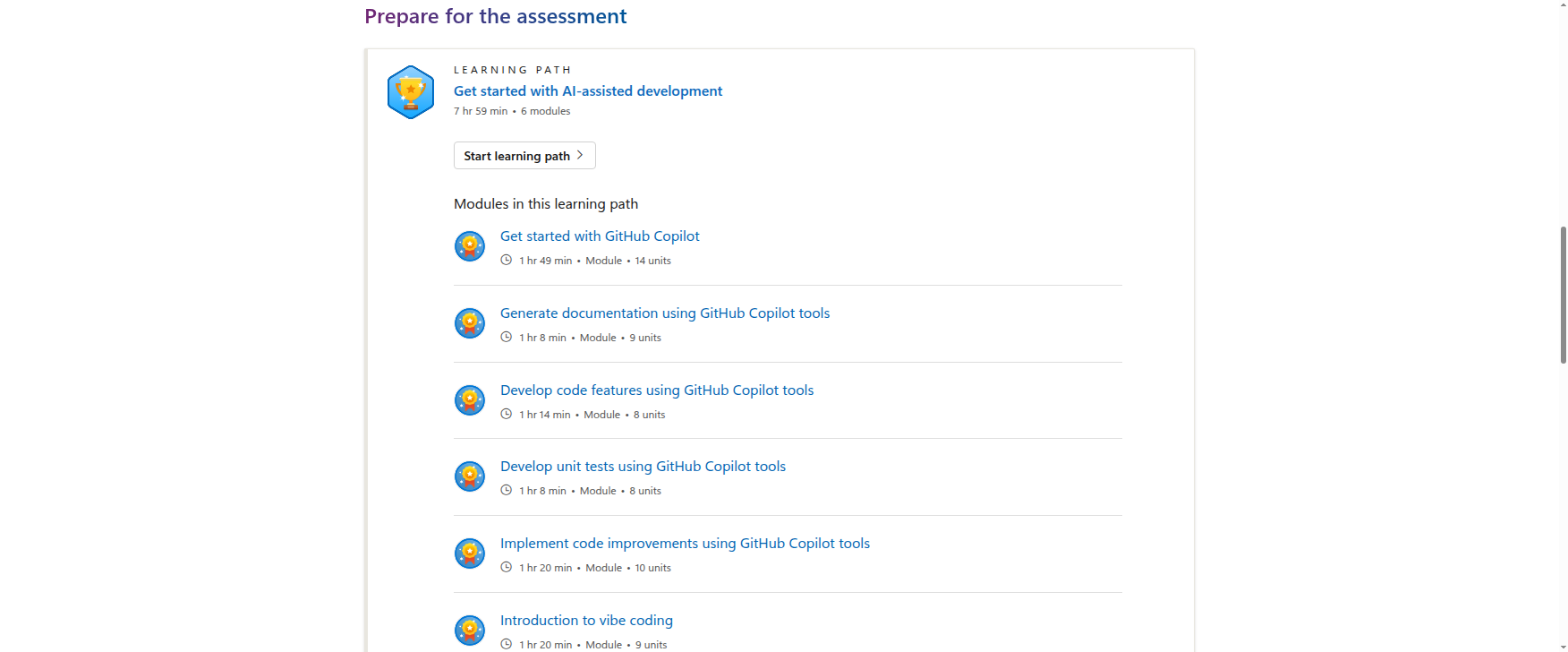 Learning path and module breakdown for the GitHub Copilot Applied Skills credential
