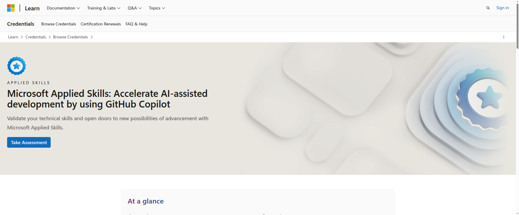 Microsoft Applied Skills credential page for accelerating AI-assisted development by using GitHub Copilot