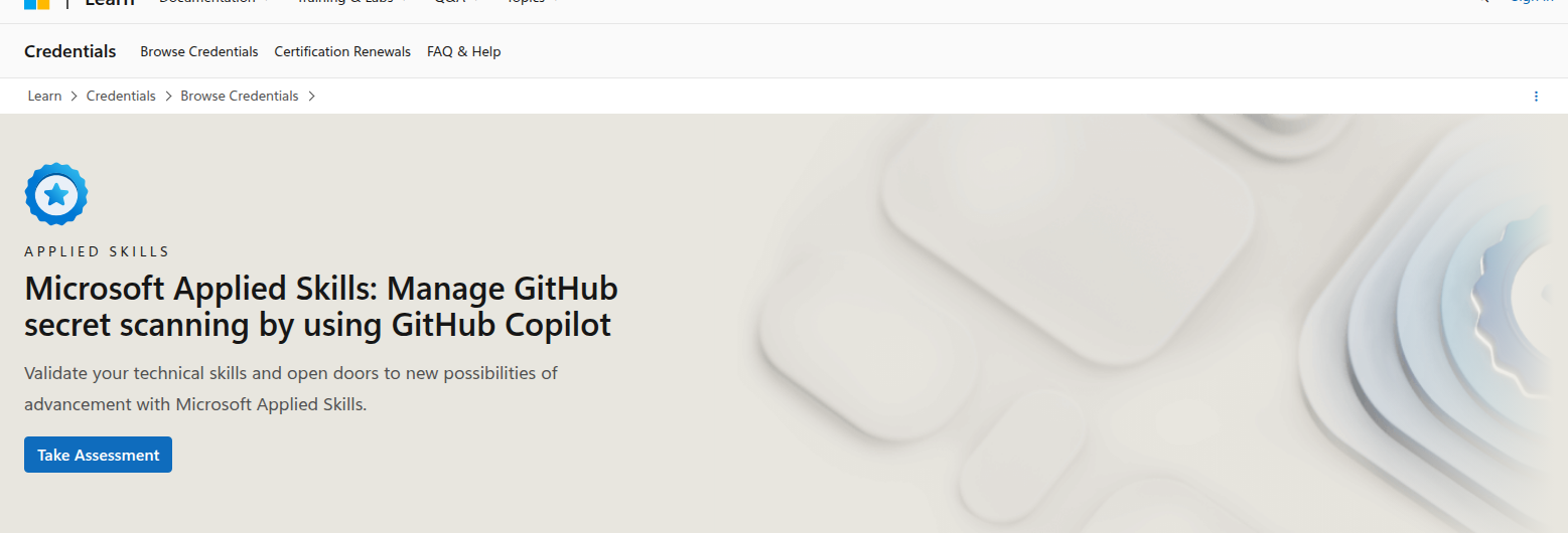Microsoft Applied Skills credential page for managing GitHub secret scanning with GitHub Copilot