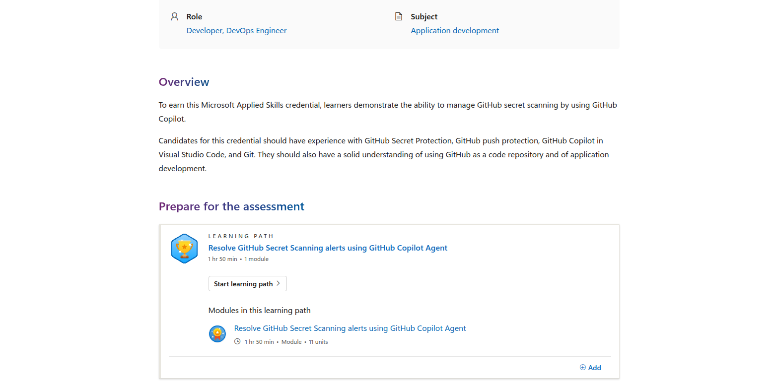 Learning path and module breakdown for the GitHub secret scanning Applied Skills credential