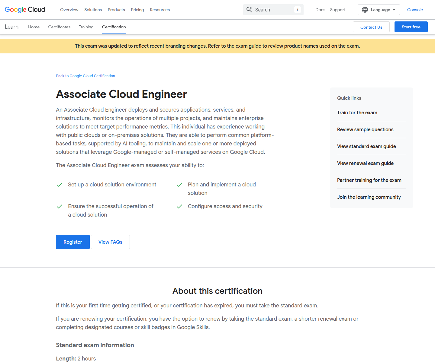 Official Google Cloud Associate Cloud Engineer certification page
