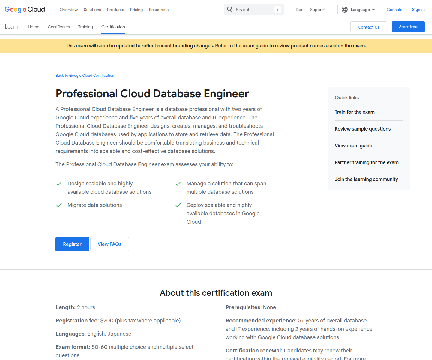 Official Google Cloud Professional Cloud Database Engineer certification page