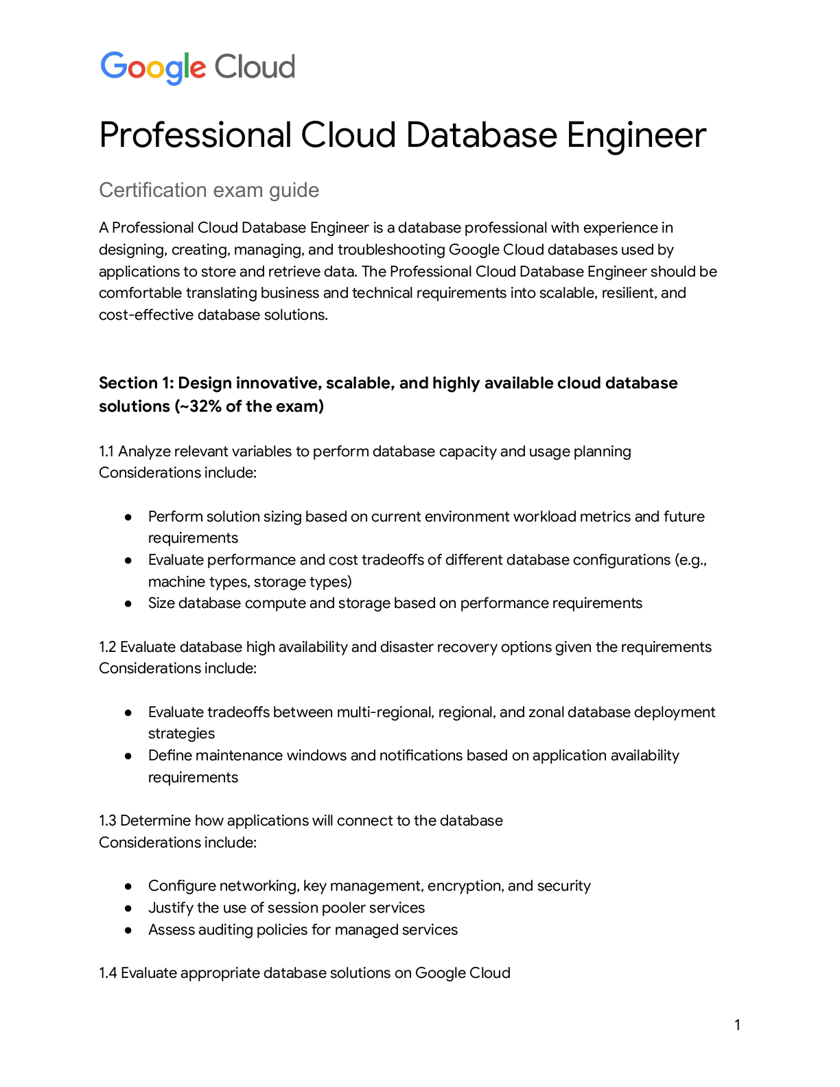 Official Professional Cloud Database Engineer exam guide and domain outline