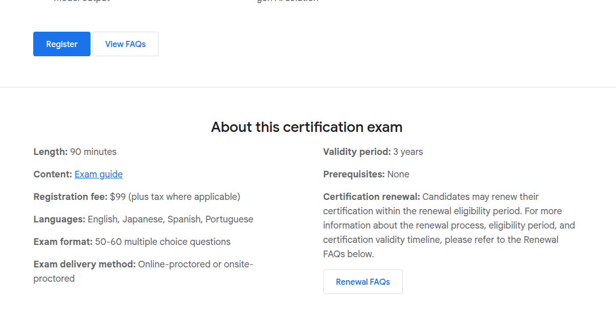 Google Cloud Generative AI Leader exam details and validity section
