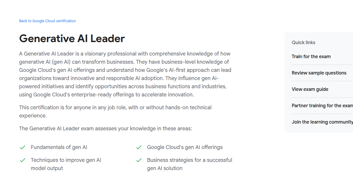 Google Cloud Generative AI Leader certification page hero