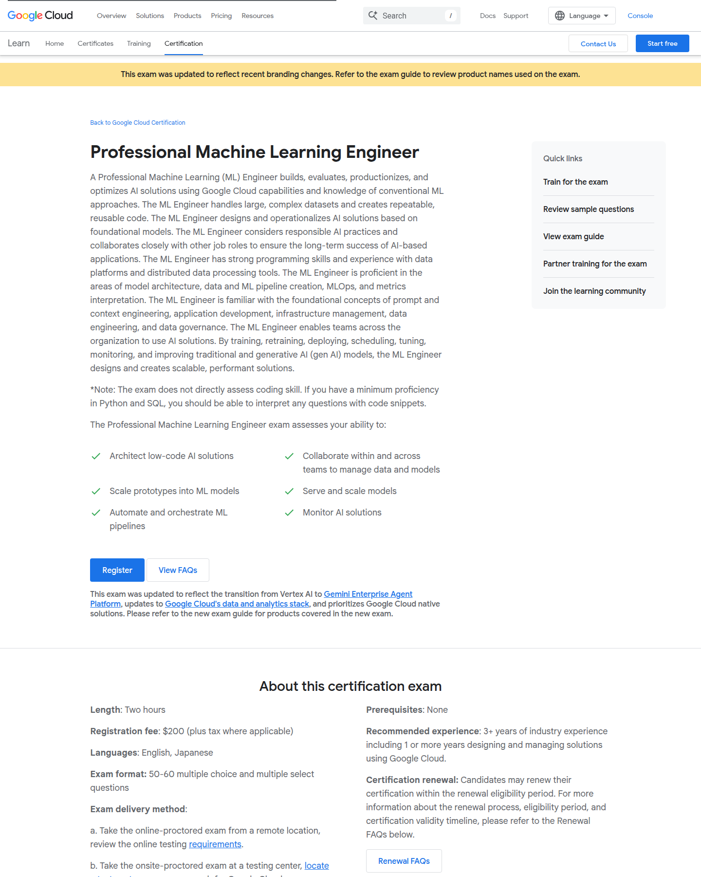 Google Cloud Professional Machine Learning Engineer exam details