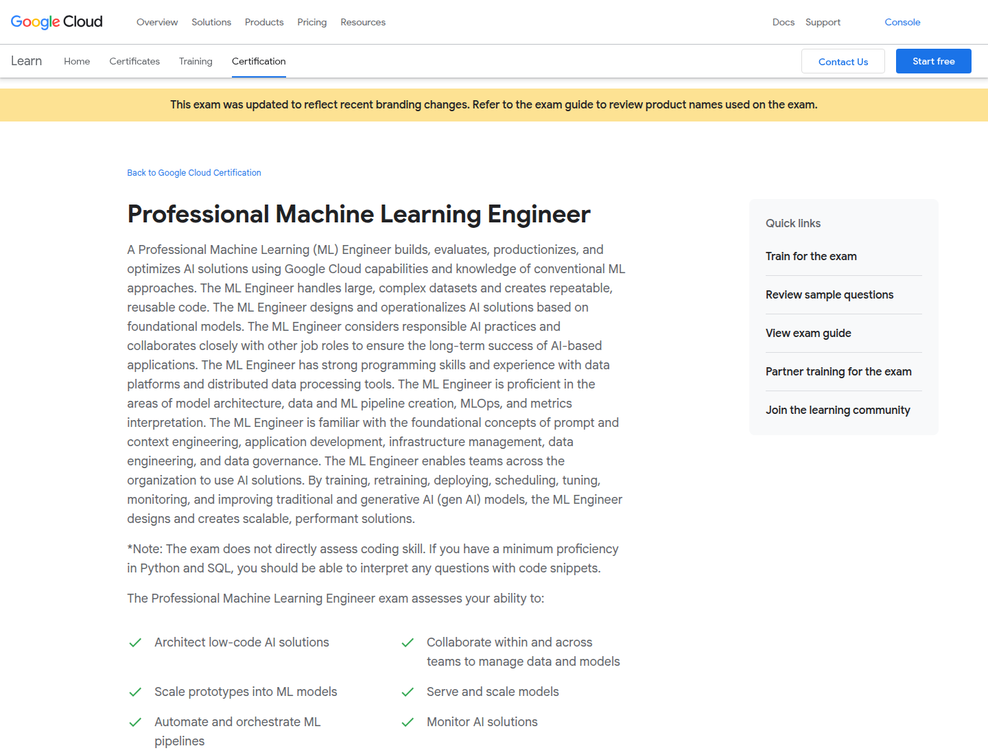 Google Cloud Professional Machine Learning Engineer certification page