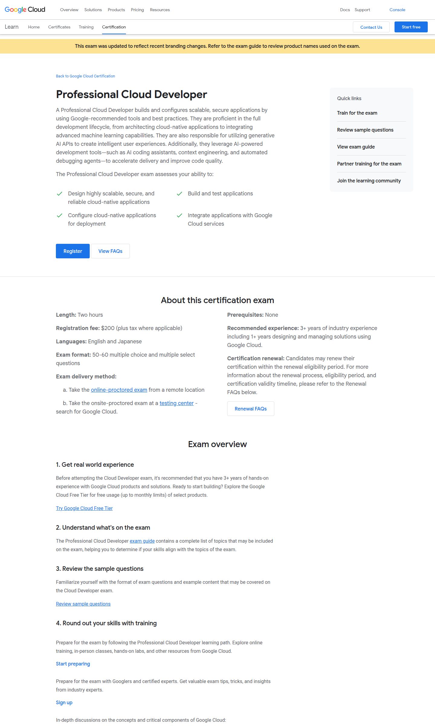Official Google Cloud Professional Cloud Developer exam details