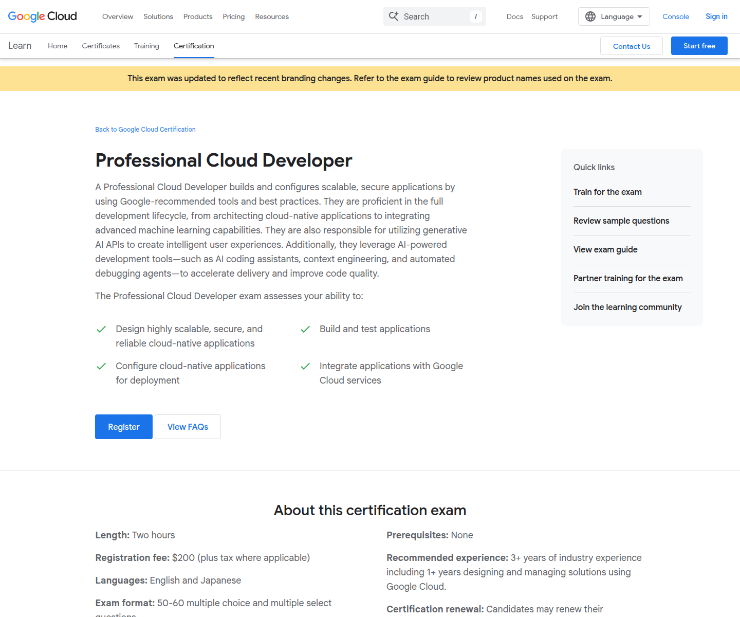 Official Google Cloud Professional Cloud Developer certification page