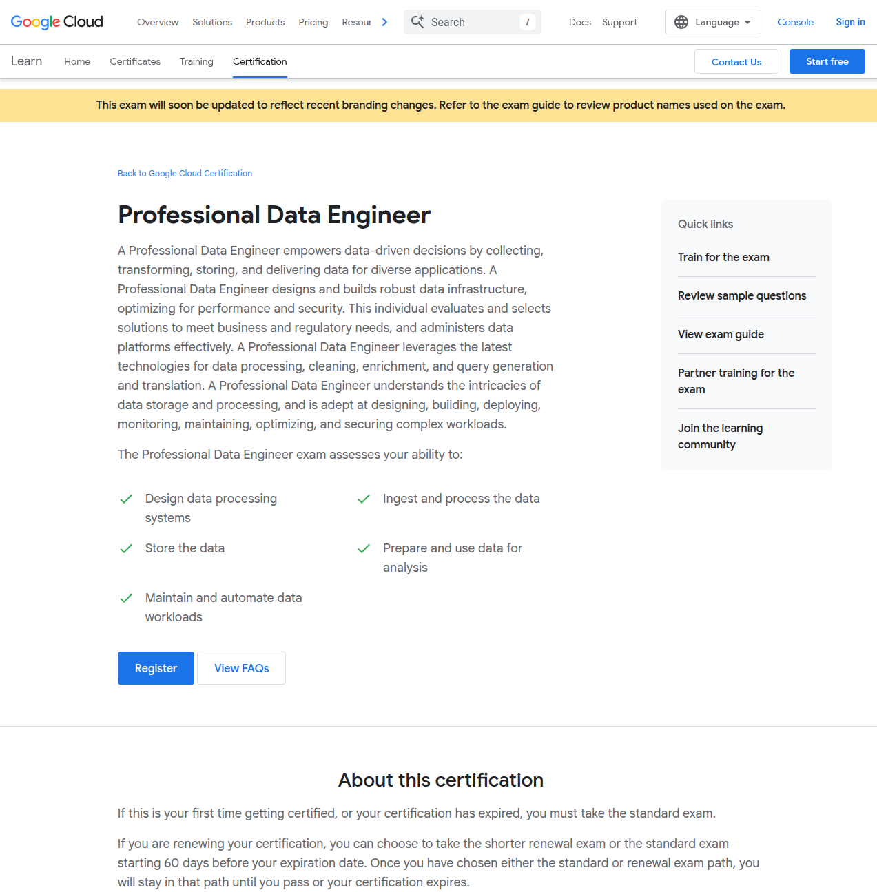 Google Cloud Professional Data Engineer certification page hero and overview