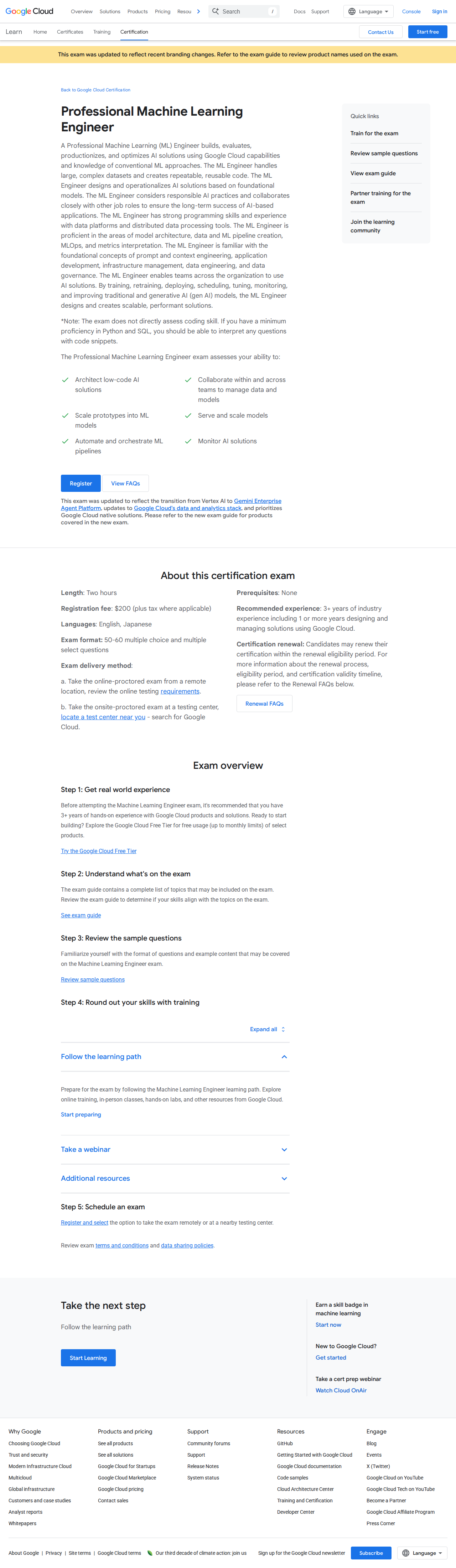 Google Cloud Professional Machine Learning Engineer certification page