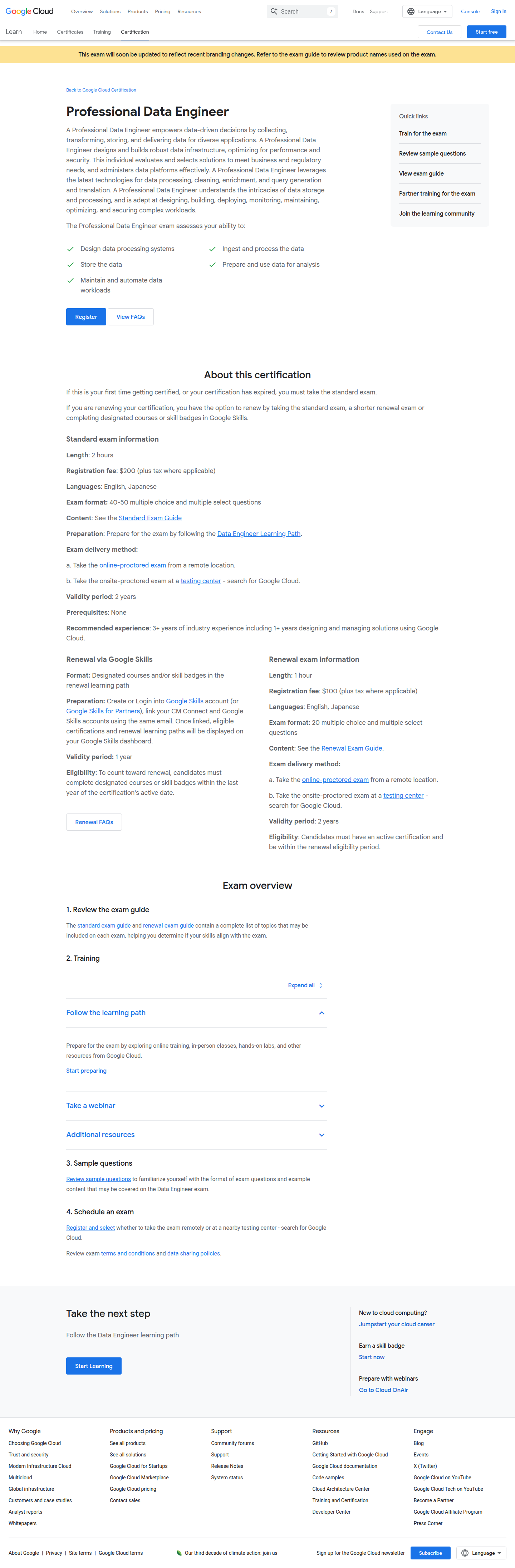 Google Cloud Professional Data Engineer official page full-length reference