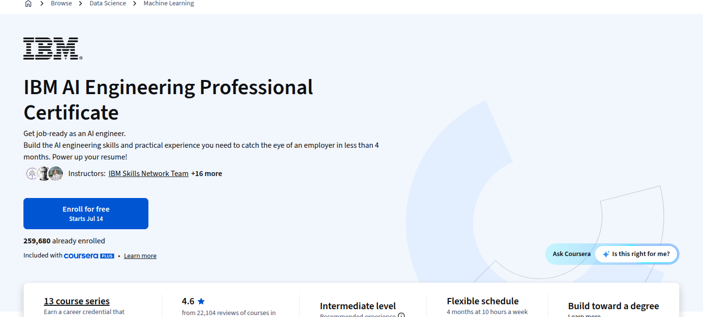 IBM AI Engineering Professional Certificate hero section on Coursera