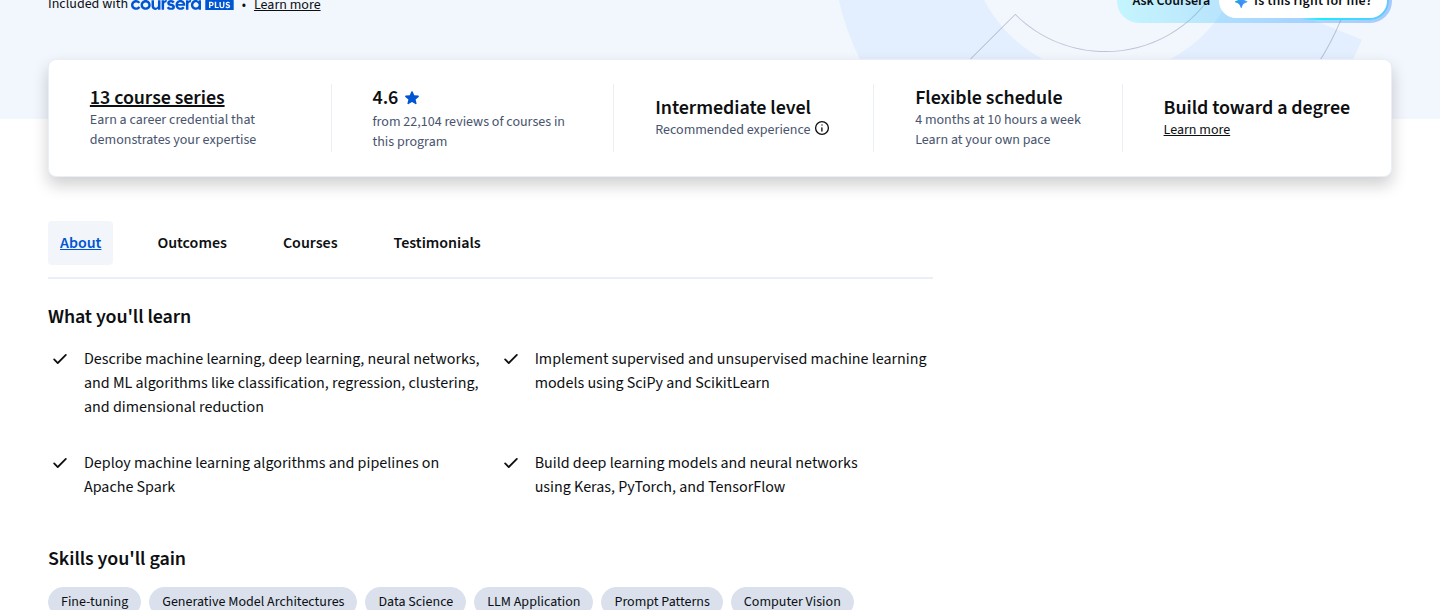 IBM AI Engineering what you'll learn, skills, and tools section