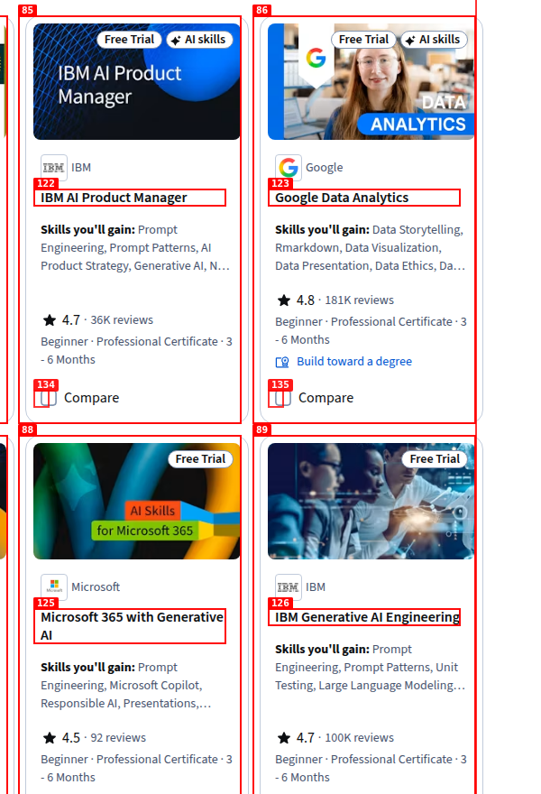 IBM AI Product Manager course listing with reviews and duration