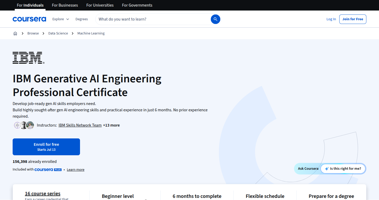 IBM Generative AI Engineering Professional Certificate hero section on Coursera