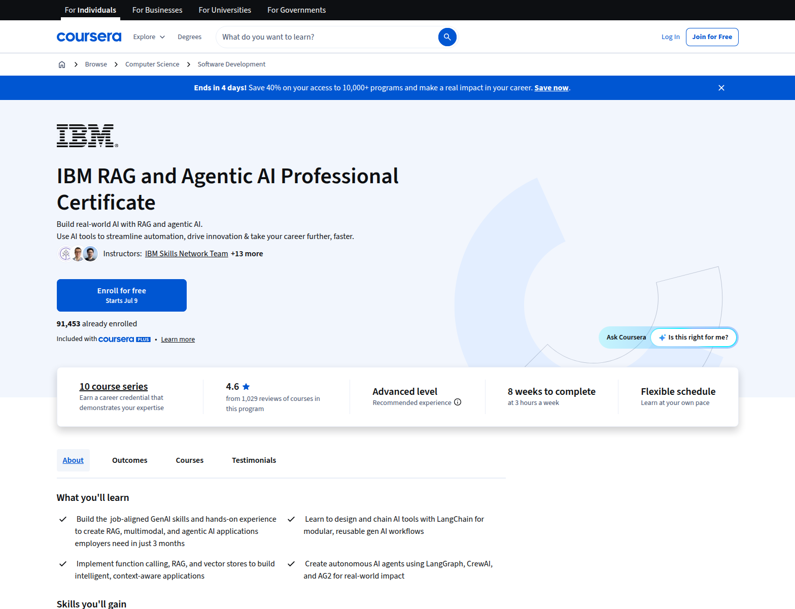 Coursera hero section for the IBM RAG and Agentic AI Professional Certificate