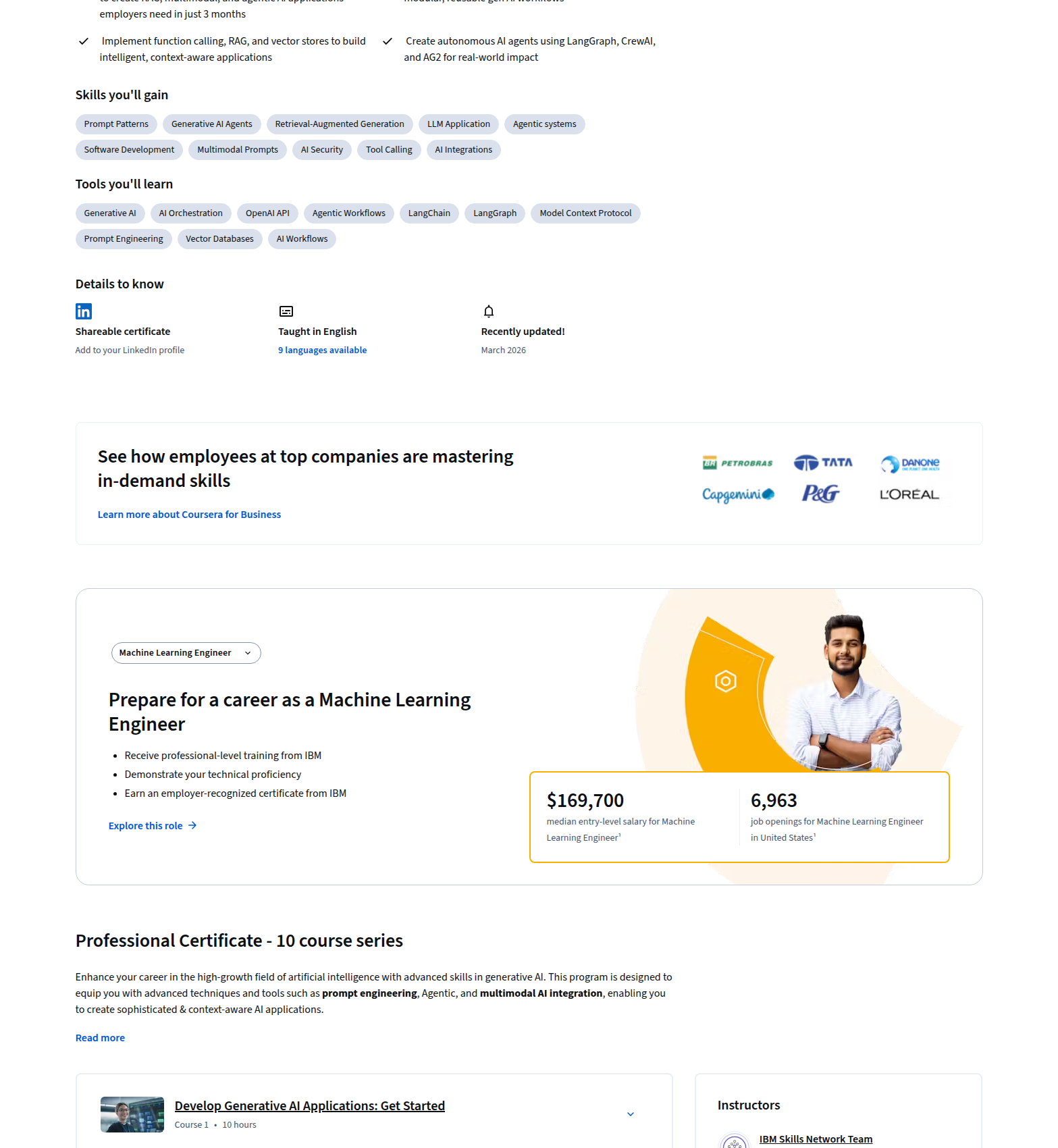 IBM RAG and Agentic AI outcomes, skills, tools, and details section