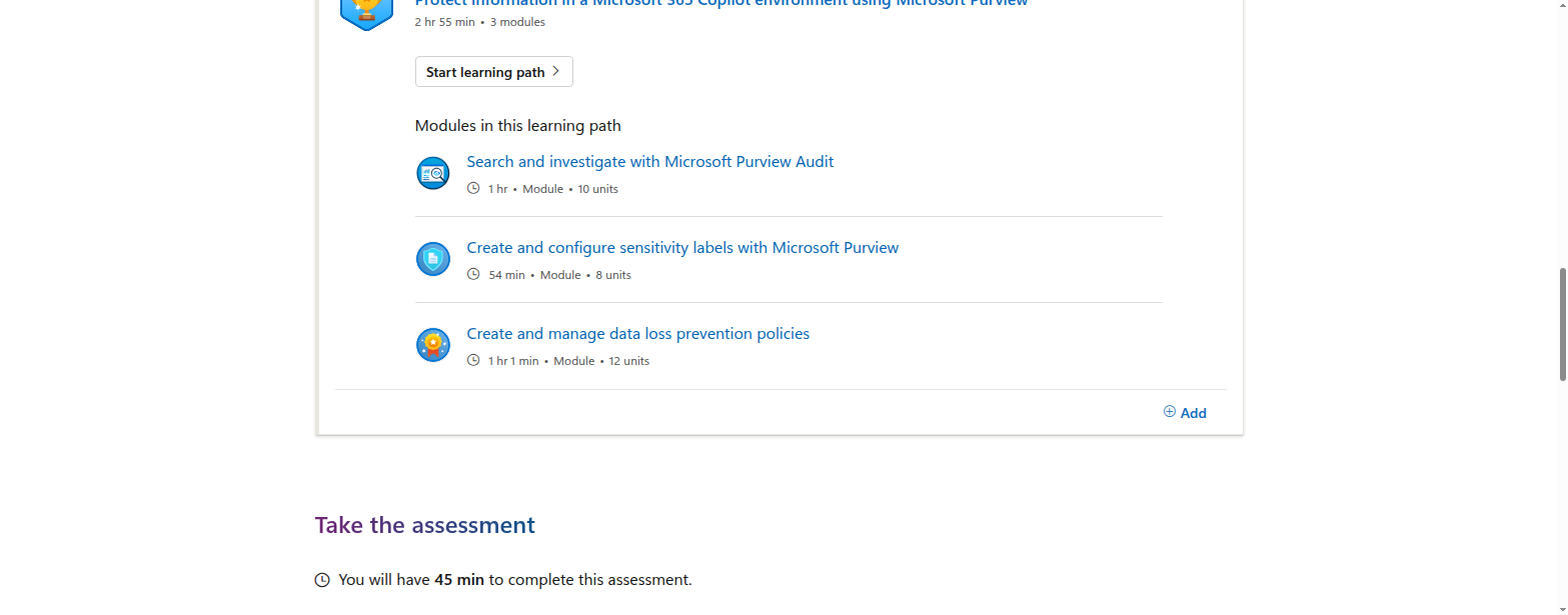 Learning path and module breakdown for the Microsoft Purview Applied Skills credential