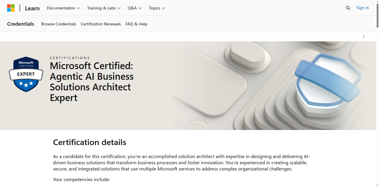 Microsoft Learn credential page for Microsoft Certified: Agentic AI Business Solutions Architect Expert